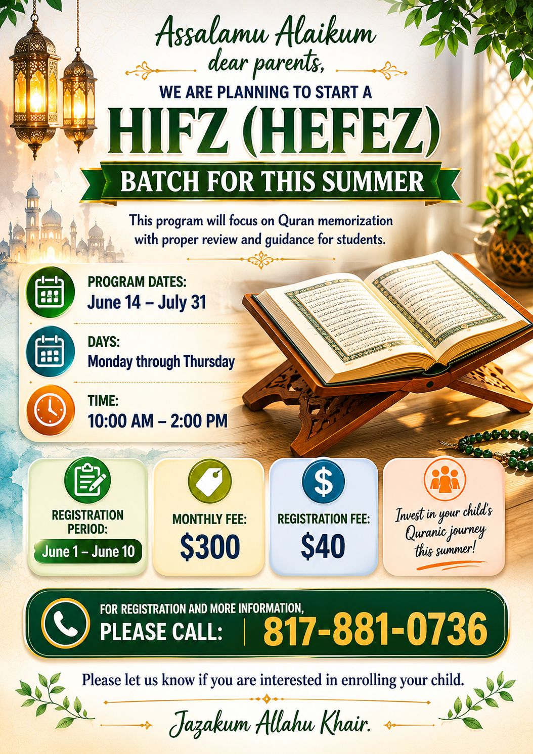 Hifz summer batch program flyer
