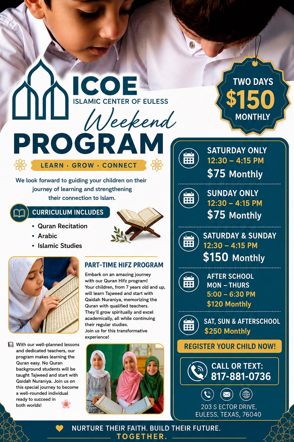 Weekend program flyer with class times and tuition