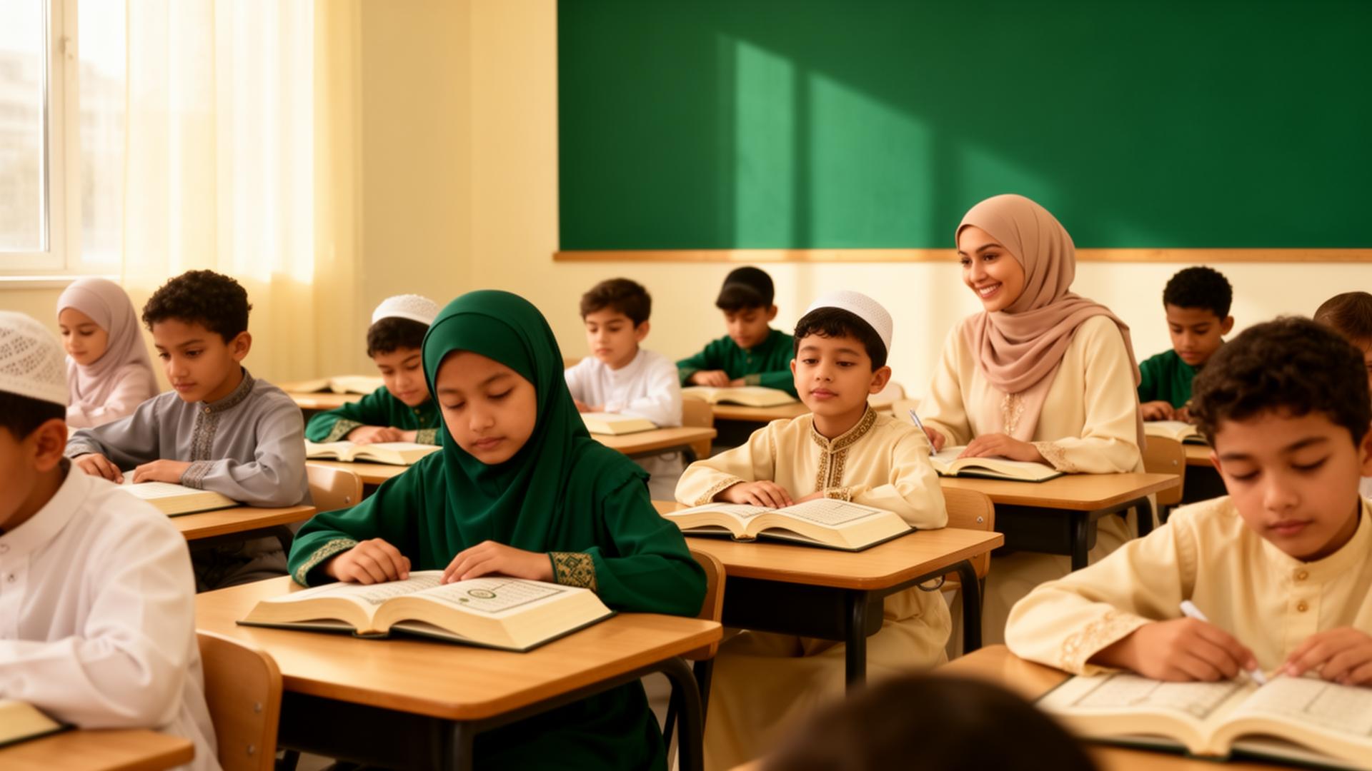 Students learning Quran in a bright classroom